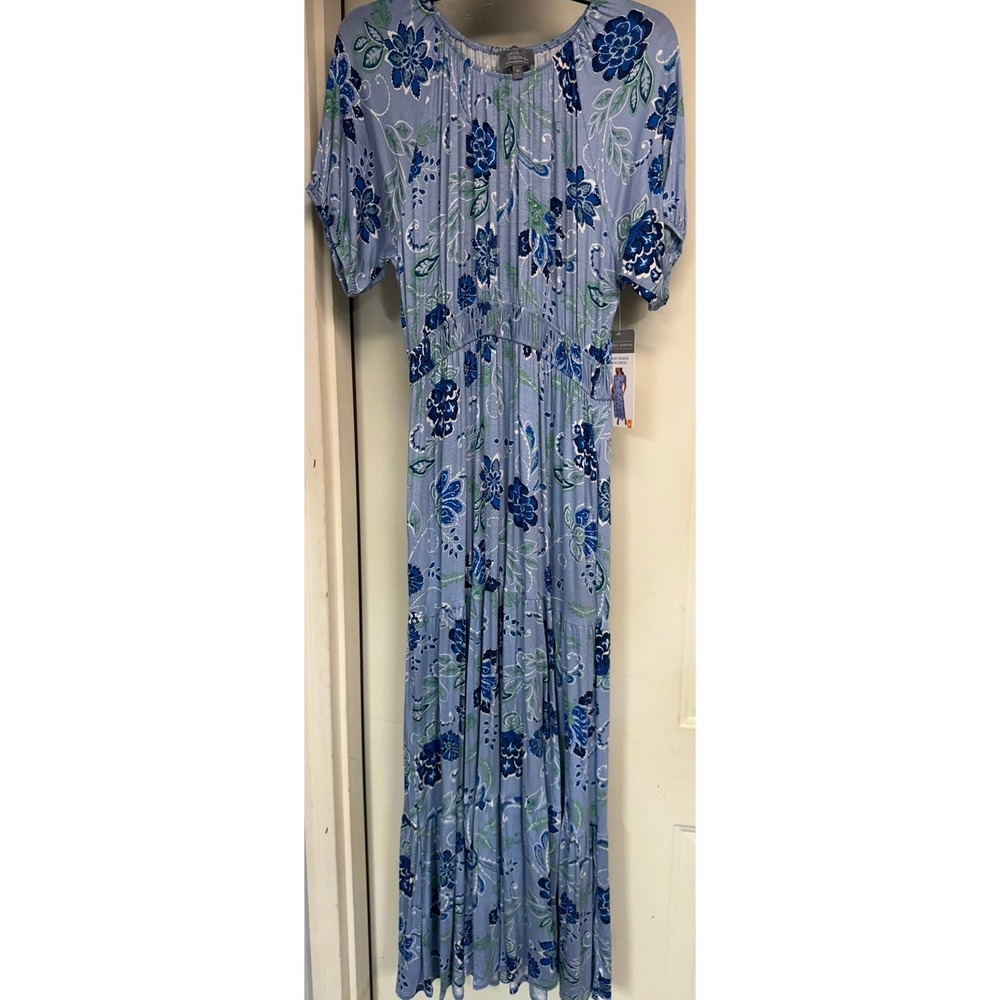 Berkley Jensen Womens Blue Floral Short Sleeve Tiered Maxi Dress Size M NWT 0571
